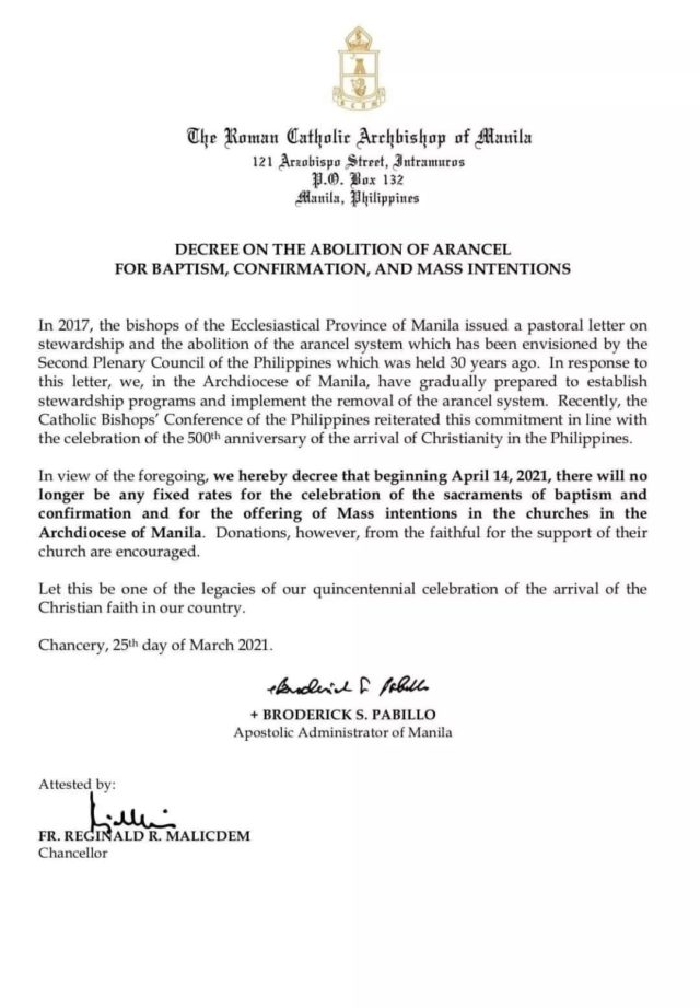 Archdiocese of Manila scraps ‘arancel’ for baptisms, Mass intentions ...