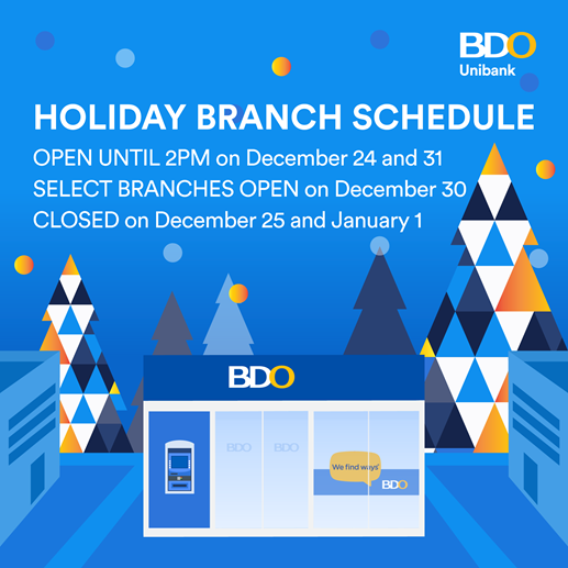 BDO Branches Holiday Bank Schedule for December 2021 Punto