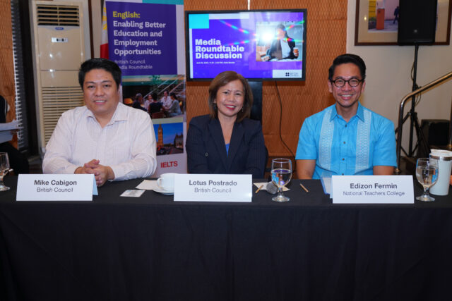 (L-R) Mike Cabigon, Business Development Manager for English and Exams; Lotus Postrado, Country Director; and Edizon Fermin, Vice President for Academic Affairs at the National Teachers College